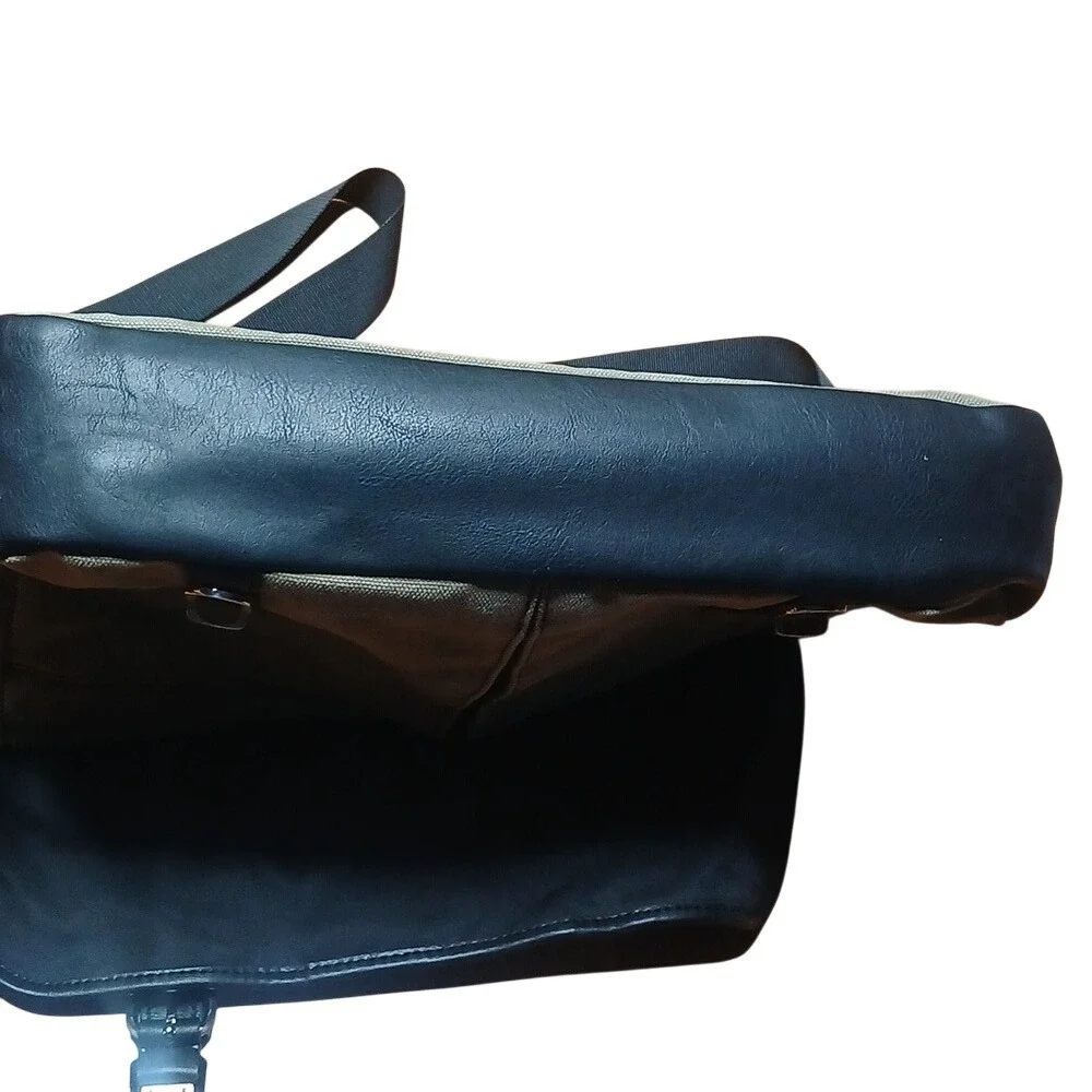 Fossil Messenger Bag Mens Tan Canvas Faux Leather Buckle Strap Laptop